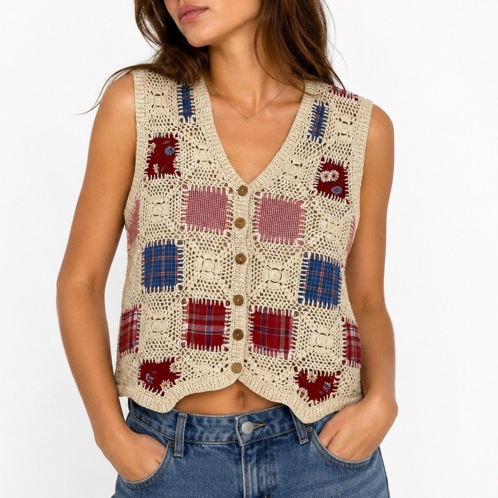 Vintage 90s Patchwork Crochet Knit Sweater Vest Cottagecore Granny Womens Medium